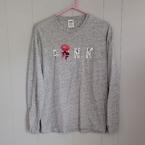 Pink Victoria Secret Women's Top Small Gray Rose Long Sleeve